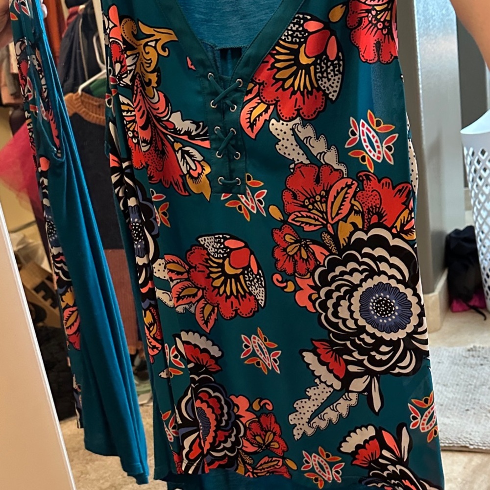 Express Teal and Red Floral Tank Top